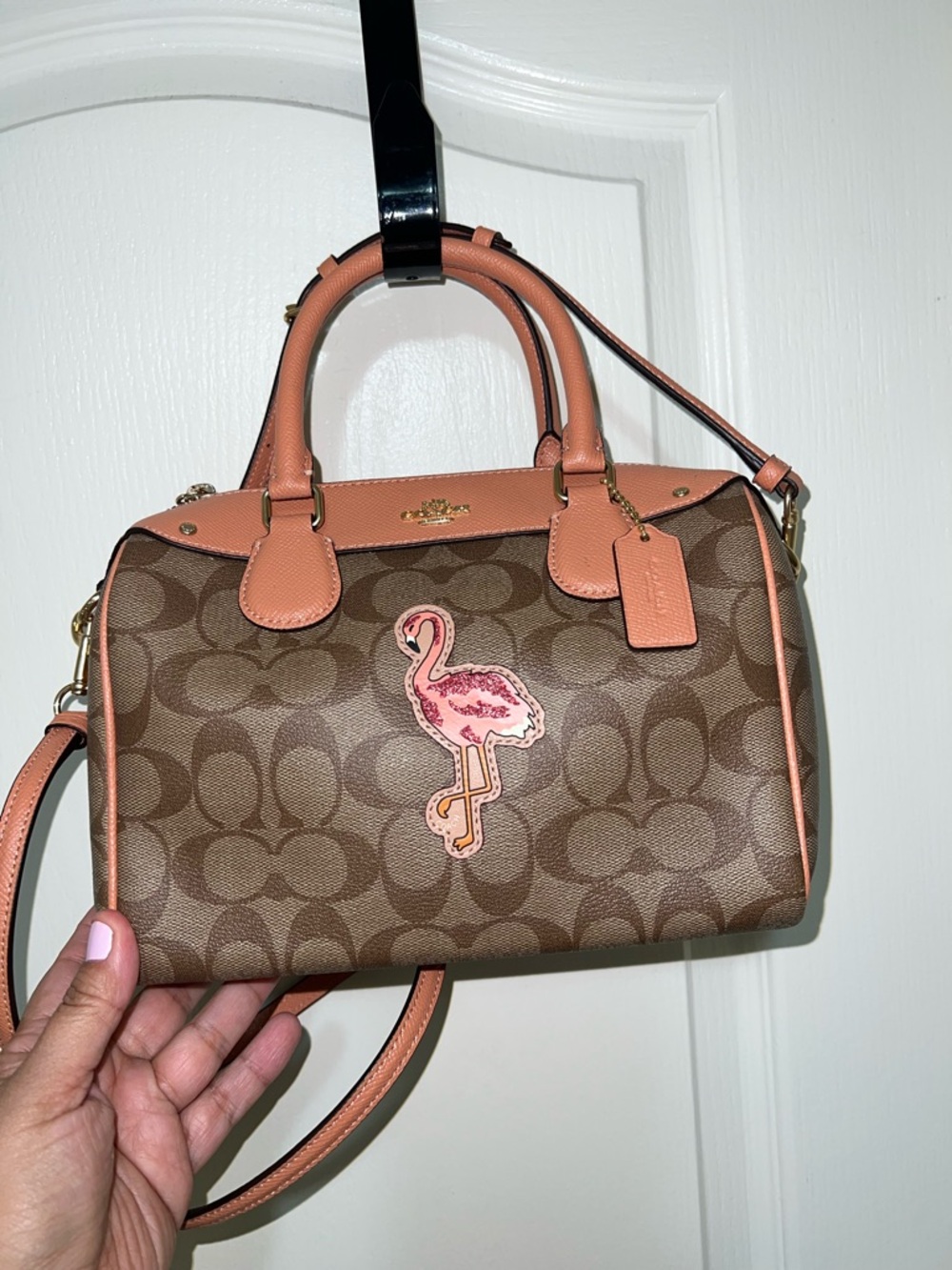 Coach Brown Signature Satchel with Pink Flamingo Accent